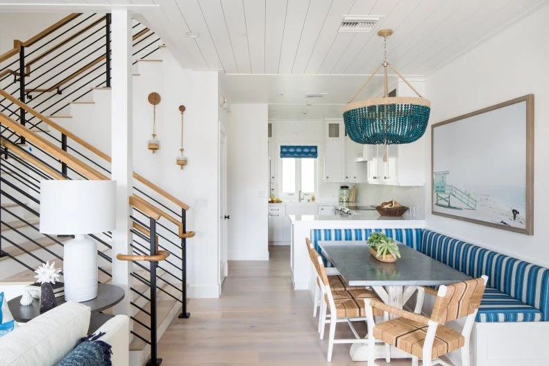 Breakfast, Dining Nook with Cushioned Bench, Bead and Wicker Pendant