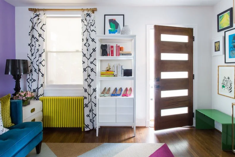 Modern Foyer, Bold Accent Wall, Green Radiator, Shoes as Art on Shelf