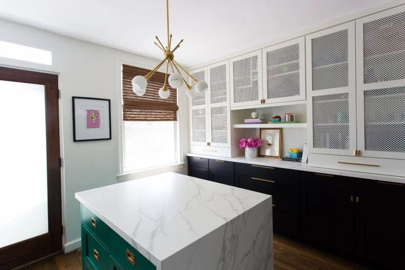 Modern Kitchen with Brass Accents, Pendant, Marble Kitchen Island