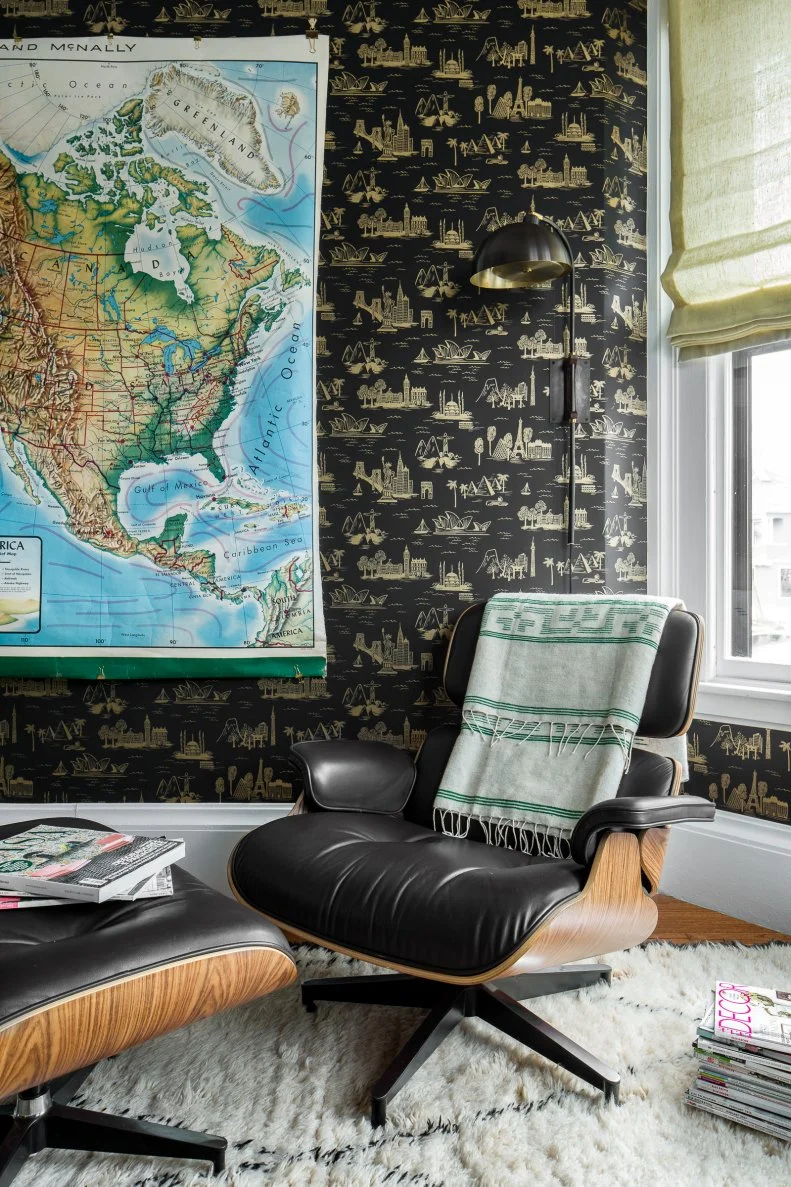 Home Office Features Eclectic Wallpaper and a Modern Armchair