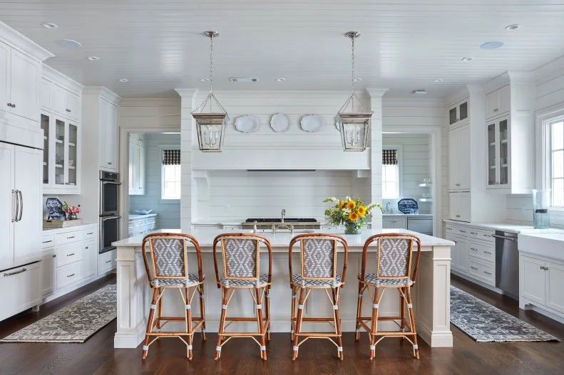 Spacious, Traditional Kitchen With Four Seats at Island, Shiplap