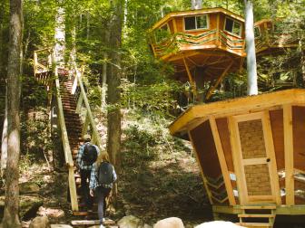 A tiered set of treehouse pods