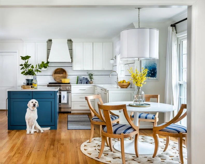 Eat-In Kitchen, Round Table, Four Chairs, Blue Island, White Cabinets