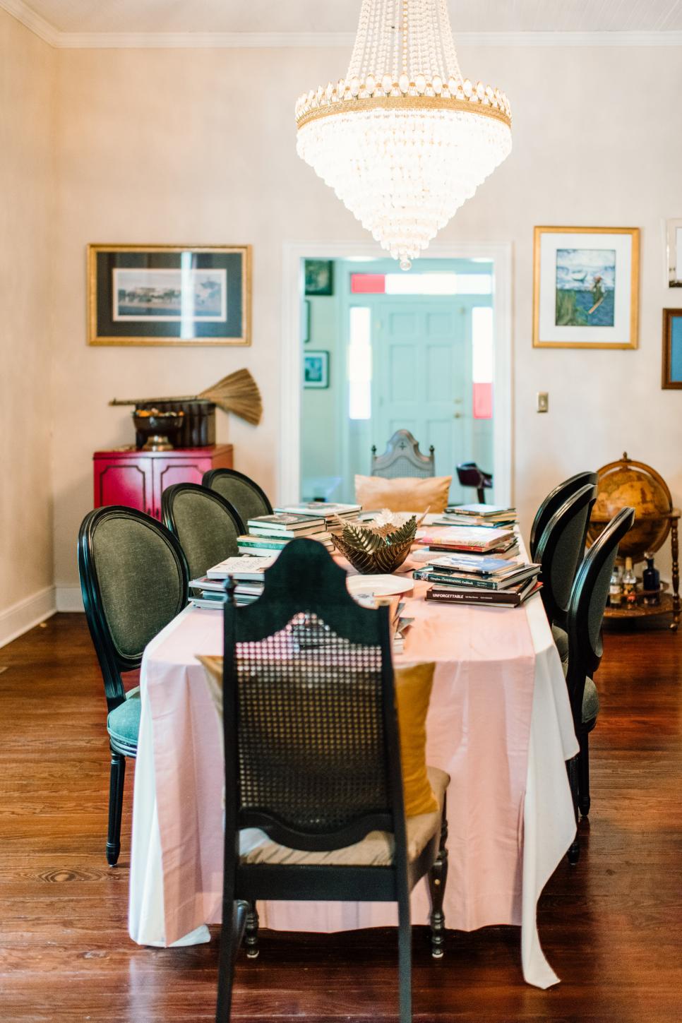 Traditional Dining Room Formal Dining Room, Vintage Cabinet and Bar Cart, Eight Chairs
