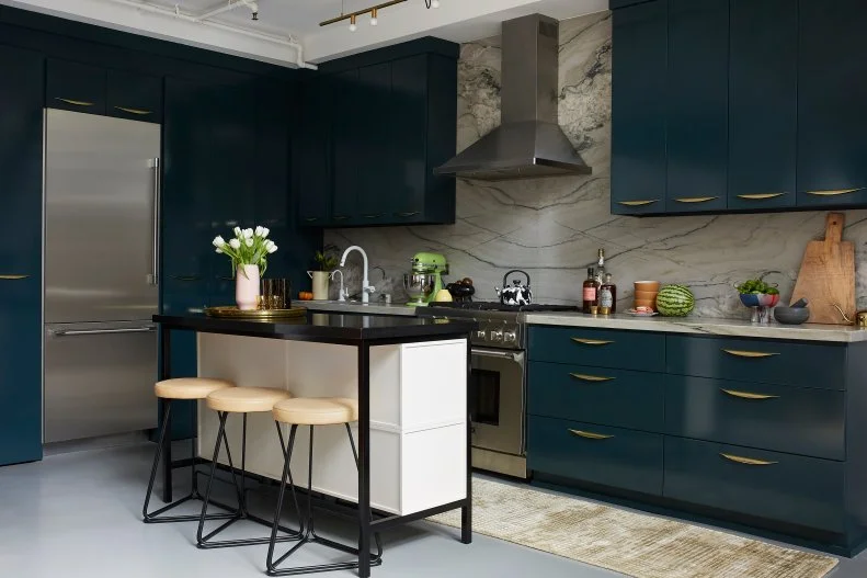 Open Plan Kitchen With Dark Blue Cabinets