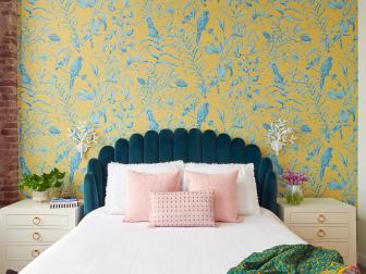 Yellow Eclectic Bedroom With Blue Headboard