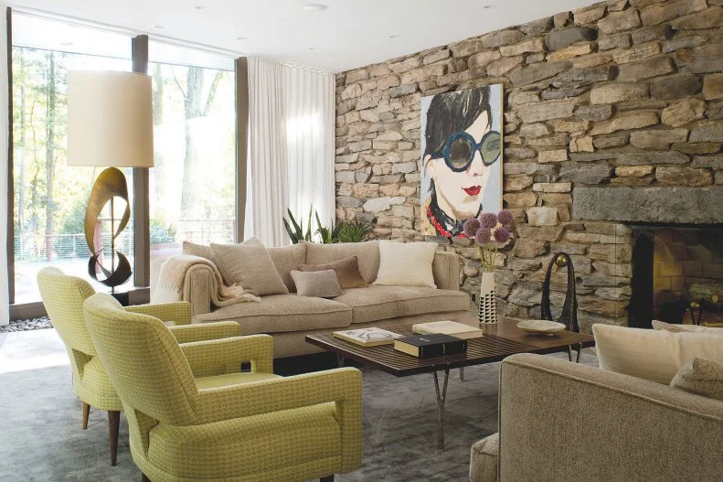 Midcentury Modern Living Room With Stone Wall