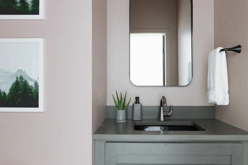 The shaker vanity includes a durable quartz counter that is anti-microbial and stain-resistant, in a rich Carbon color.