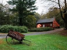 Red Barn Pottery Studio, Red Wagon In Yard, Mature Trees in Landscape