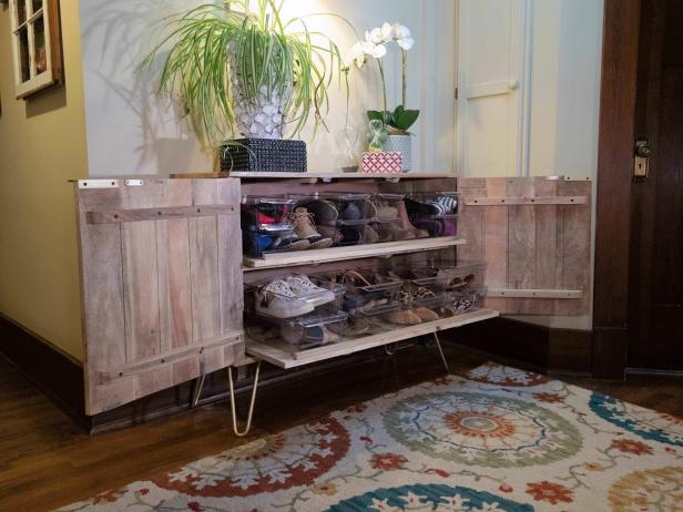 Upcycled Rustic Cabinet With Sliding Shoe Storage