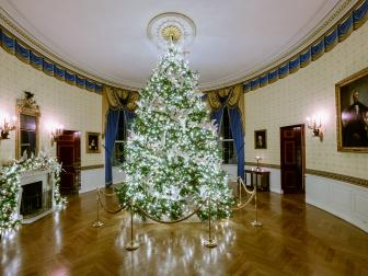 Interior view of the 'Gift of Peace and Unity' themed Blue Room and official White House Christmas Tree as seen on White House Christmas 2021. ..Cascading down the tree, peace doves carry a shimmering banner embossed with the names of each state and territory of the United States, reminding us all of the importance of unity and national harmony.
