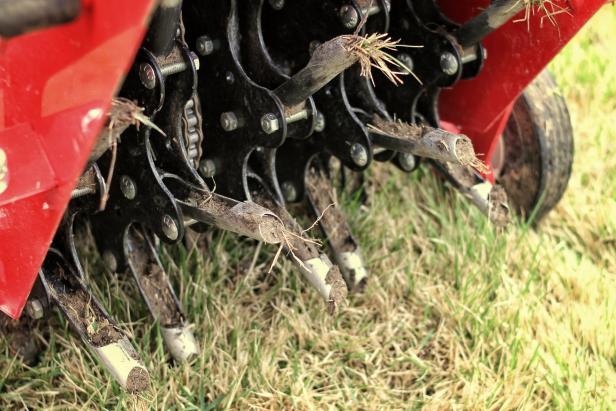 Close up of a lawn aerator.