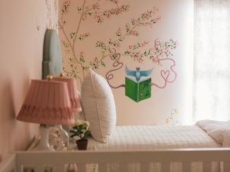 Pink Traditional Nursery With Green and White Bed and Hand Painted Mural
