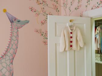 Pink Traditional Nursery With Hand Painted Mural and White Closet 