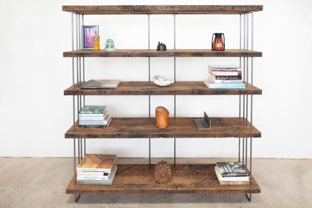 Five Shelf Industrial Rustic Bookcase, Open Air With Steel Rod Legs