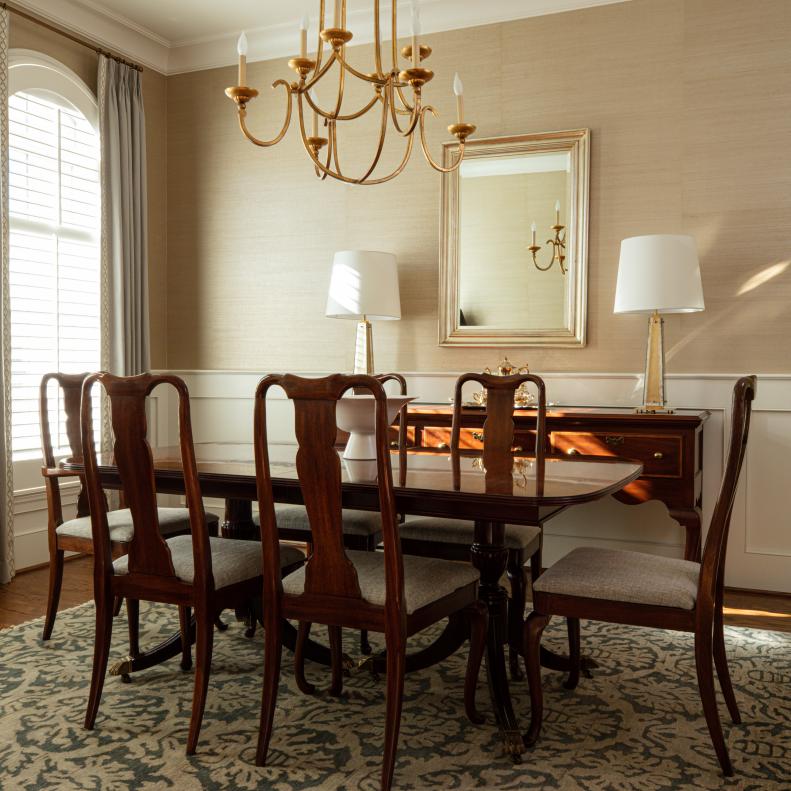 Brown Dining Room With Arched Window