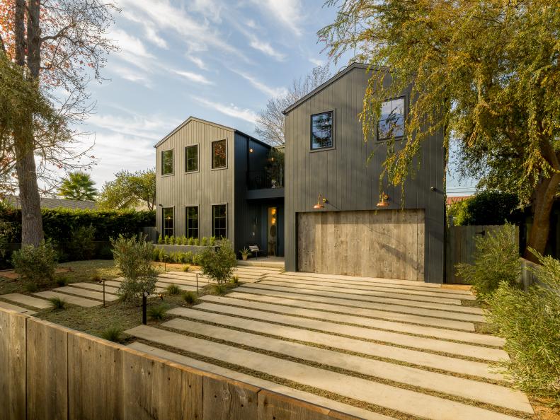 This modern farmhouse features an A-frame design.