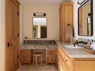 Mid-century Modern Wooden Bathroom With Gleaming Warm Marble Counters