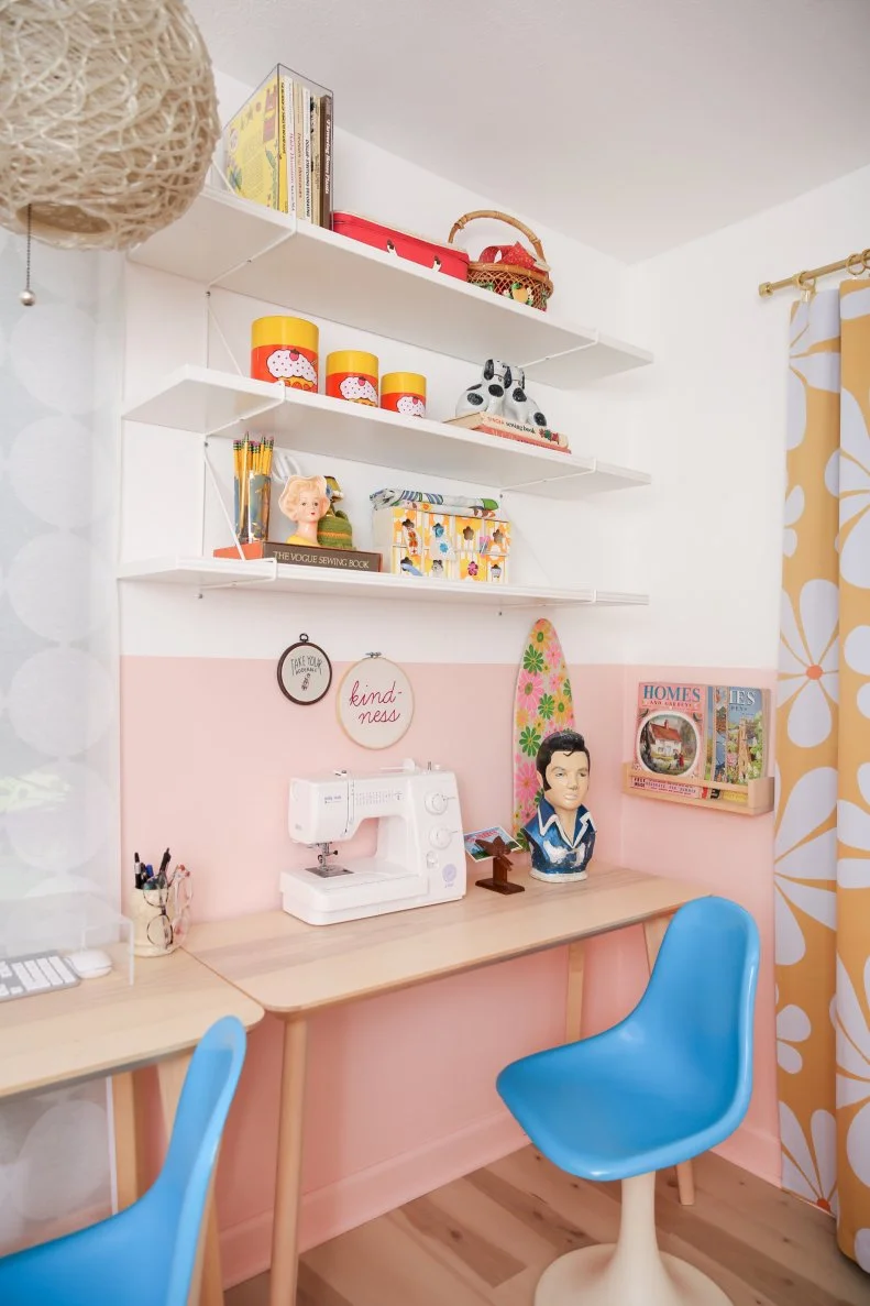 Retro Craft Corner, Floating Shelves, Elvis Presley Bust, Blue Chairs