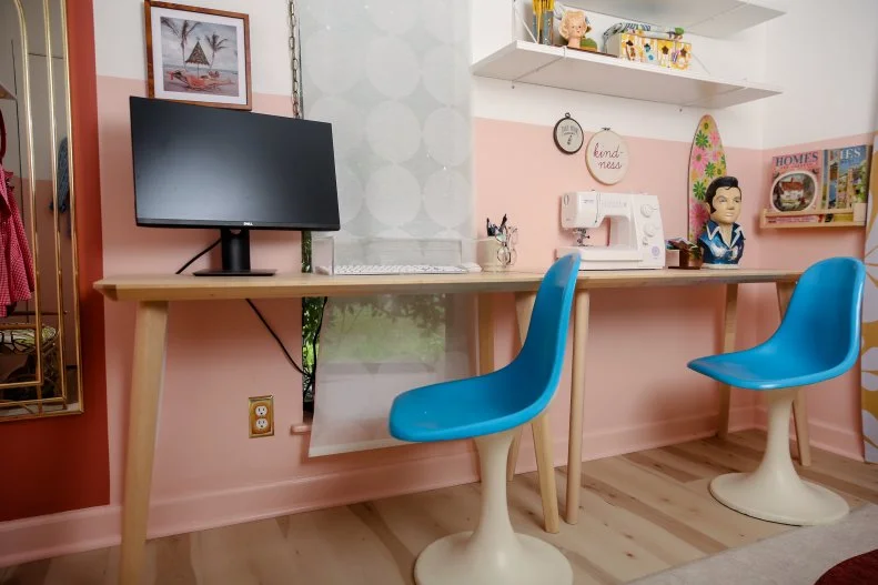 Retro Craft Corner, Floating Shelves, Elvis Presley Bust, Blue Chairs