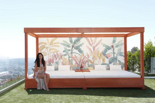 Angelique Velez and the daybed she designed with the feel of Bali