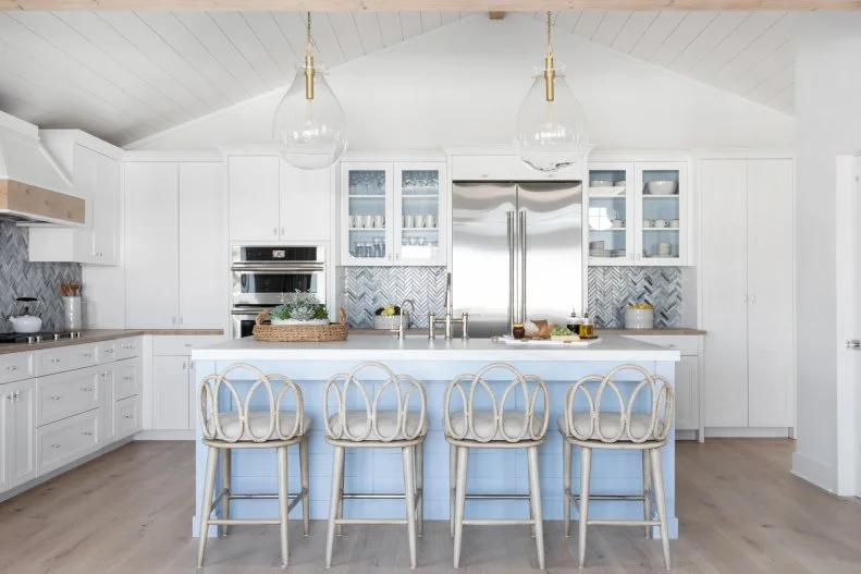 White Coastal Kitchen With Four Stools