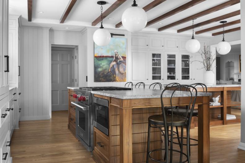 Globed Pendants in Contemporary Rustic Kitchen, Island with Chairs