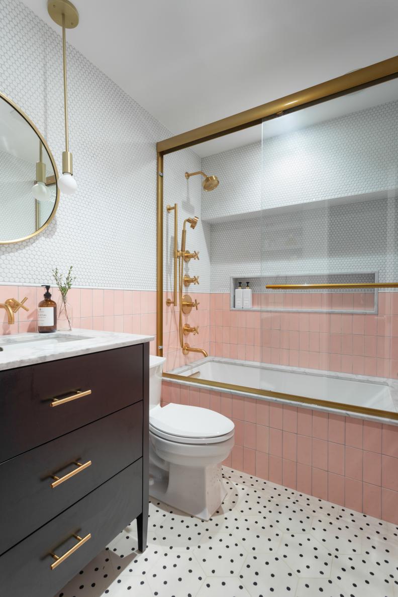 Pink and White Contemporary Bathroom