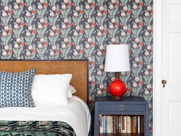 Blue Eclectic Bedroom With Red Table Lamp
