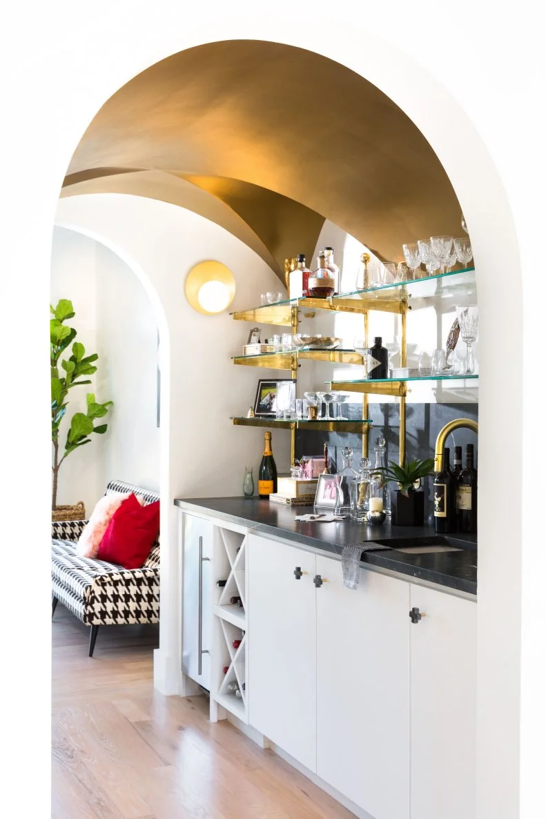 Metallic Ceiling Paint in Home Bar, Black Counters and Glass Shelves
