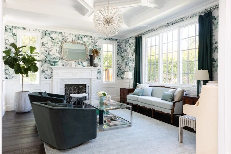 Sphere Burst Chandelier in Palm Wallpaper Living Room, Coffer Ceiling