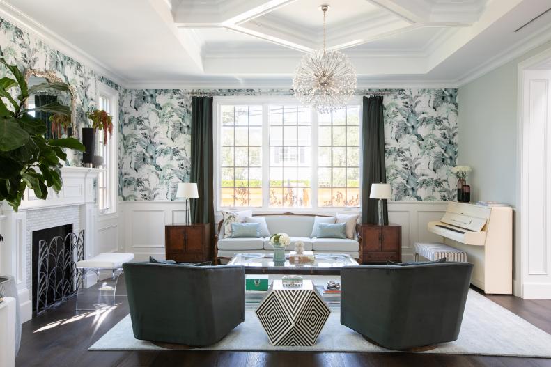 Floral Wallpaper in Living Room, Green Armchairs, Coffered Ceiling