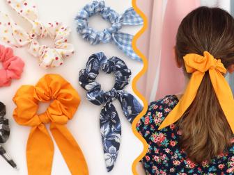 Scrunchies in many colors and sizes, orange scrunchie in  woman's hair 