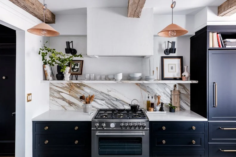 Transitional Kitchen, Rustic Beams, Marble Backsplash, Plaster Hood