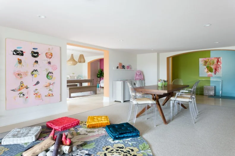 Colorful Craft Room, Wood Table, Acrylic Chairs, Round Rug, Pillows