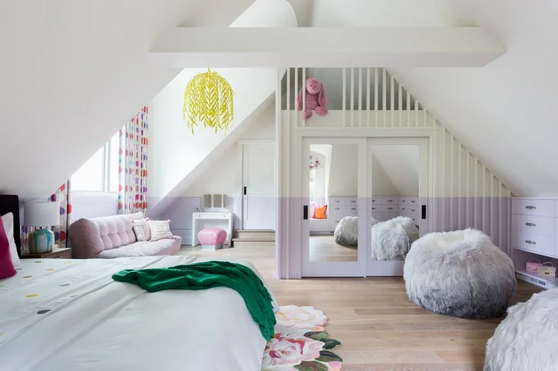 Pink Hall-Painted Walls in Kids' Room, Pink Sofa, Bed, Vaulted Ceiling