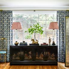 Eclectic Living Room With Acrylic Table Lamps and Chinoiserie