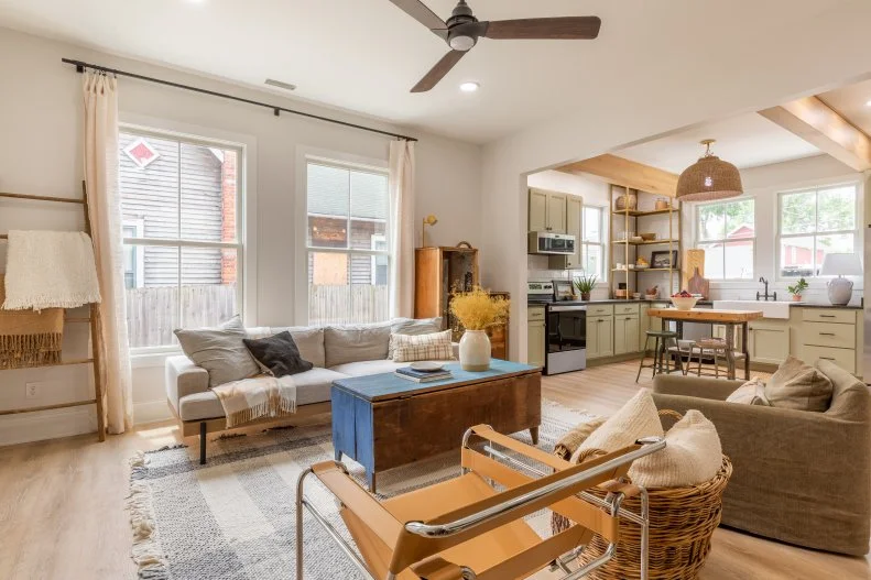 The finished living room as seen on HGTV’s Good Bones hosted by Mina and Karen.