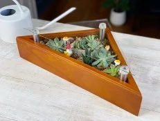 Blooming table with garden gnomes and mushrooms