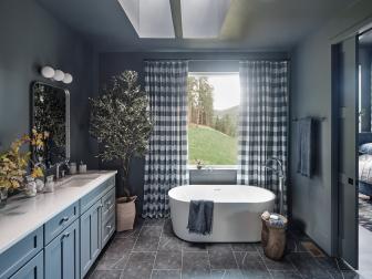 Blue Bathroom With Check Curtains