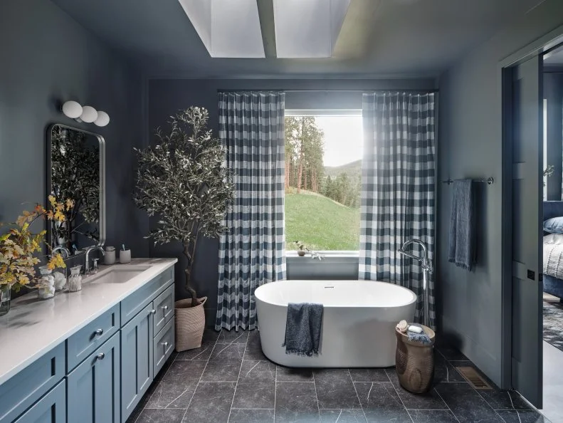 Blue Bathroom With Check Curtains