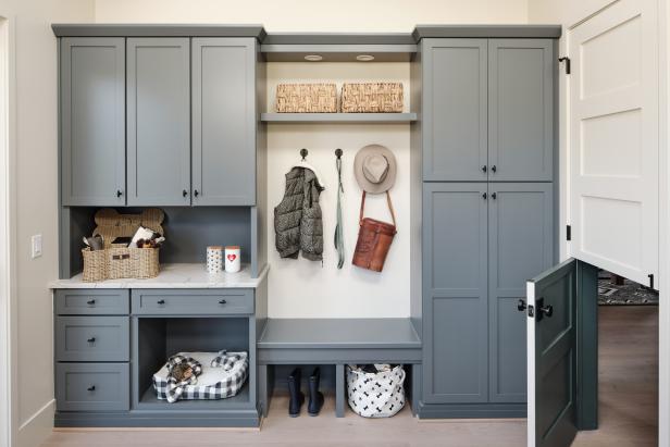Gray Mudroom With Dog Bed