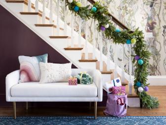 Purple Traditional Staircase Decorated for Christmas