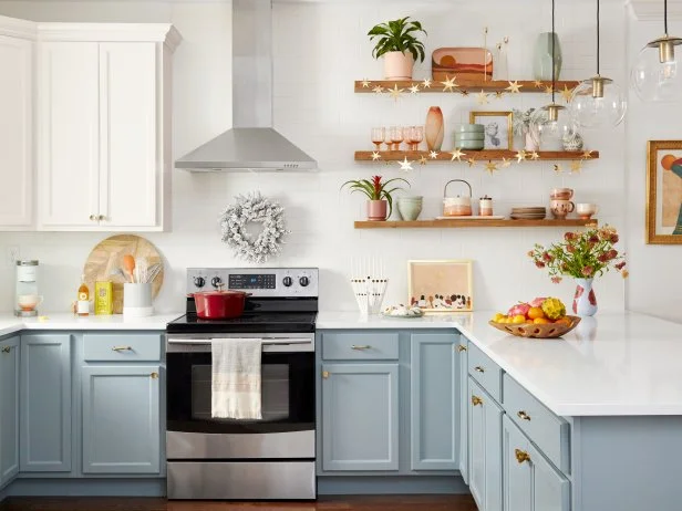 Updated White Kitchen With Blue Cabinets