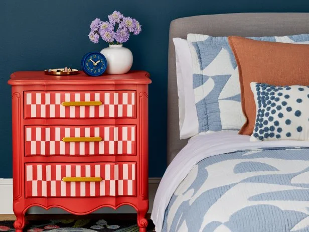 Eclectic Bedroom With a Painted Red Nightstand