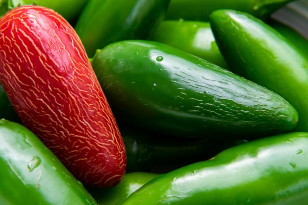 Closeup of a ripe bright red jalapeño pepper with white lines or stretch marks sitting on other green peppers
