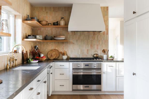 Dark Limestone Countertops and Zellige Tiles in Kitchen