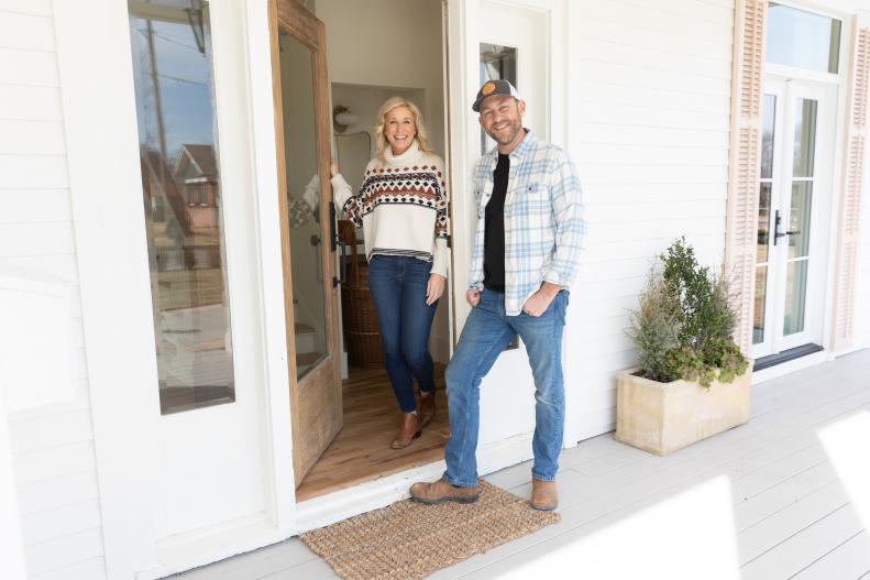 As seen on Fixer to Fabulous Welcome Inn,  hosts Dave and Jenny Marrs stand at the front door of the renovated inn.