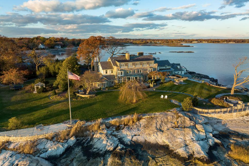 Aerial View of English Manor on Private Waterfront Estate