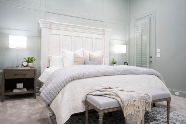 FAIRVIEW, TX - JUNE 3: The primary bedroom is seen as host Jennifer Todryk prepares to reveal the room to the Anderson family after renovation, as seen on HGTV’s No Demo Reno.